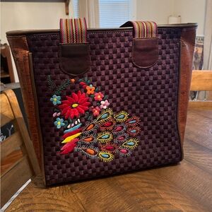 Consuela Austin Purple Woven Twill Floral Embroidered Leather Large Tote Bag